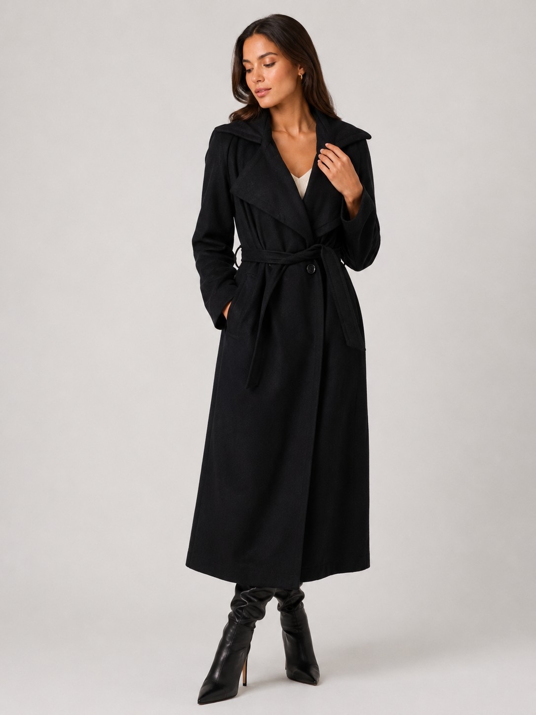 Long Black Wrap Trench Coat